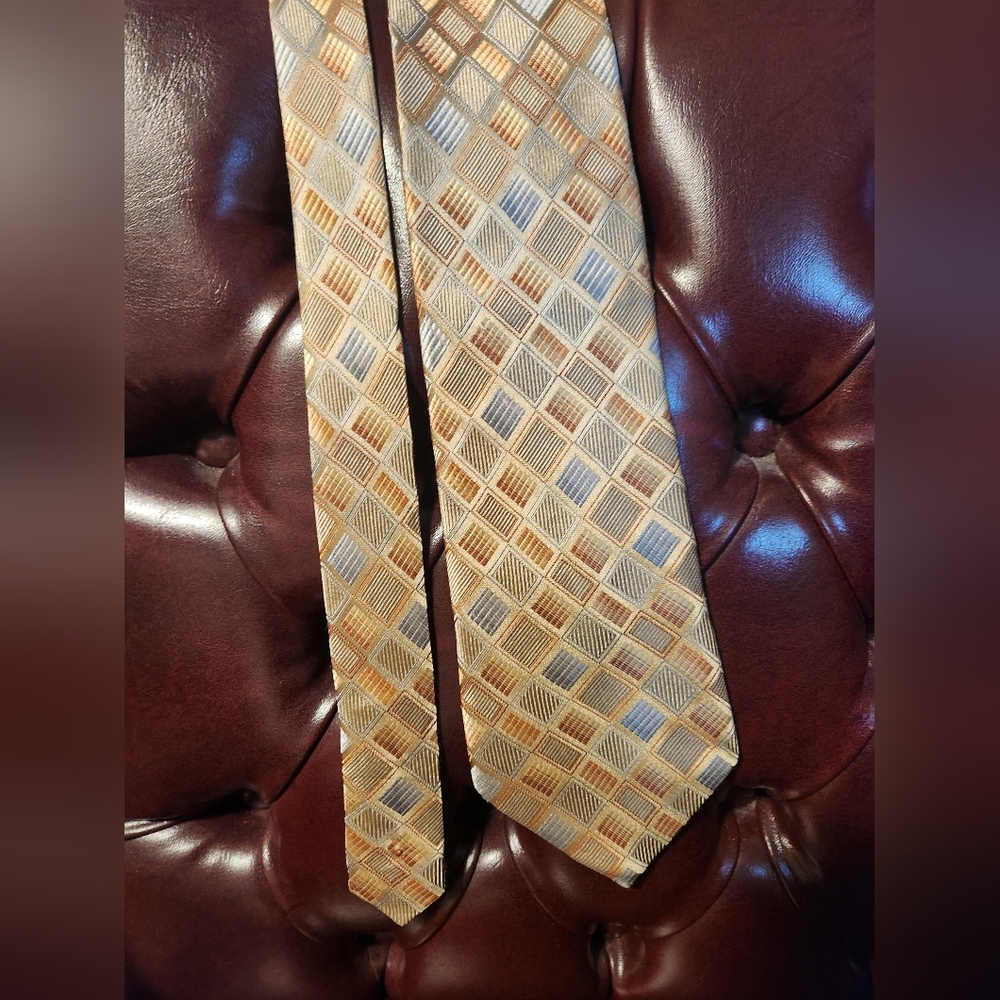 Paul Dione Silk Tie Brown Blue Geometric X-long